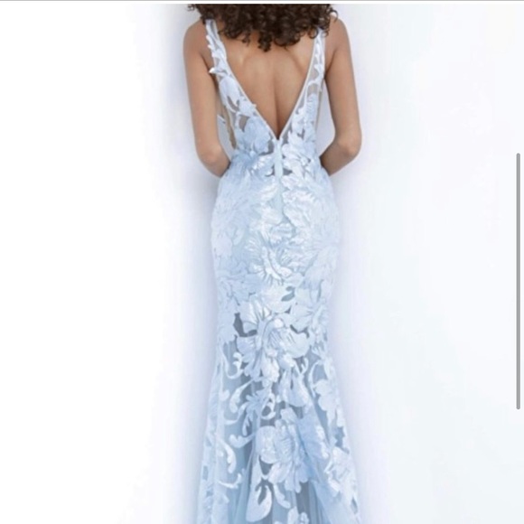 Jovani 60283 prom gown. Beautiful baby blue floral lace with sequins. - Picture 7 of 8